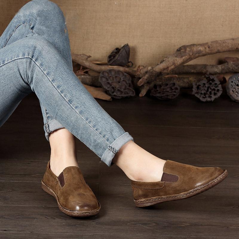 

Spring New Single Shoes Genuine Leather Handmade Women's Shoes Retro Flat Casual women Size 35-42, 8564 khaki