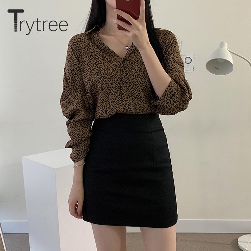

Trytree 2020 Spring Autumn Two Piece Women Sets Casual Leopard Silky Shirt + Zip Solid Mini Skirt Office Lady 2 Piece Suit, White skirt