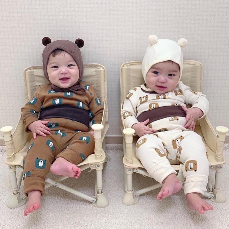 

2021 New Autumn Newborn Boy Bear Printed Long Sleeve Tops and High Waist Pants+hat Kids Clothes Set Baby Girl Outfits F8ex, Brown