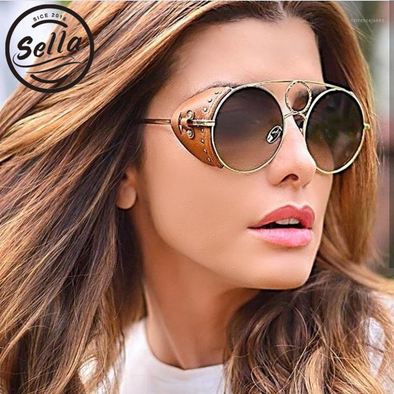 

Sunglasses Sella Arrival Fashion Women Men Steampunk Metal Brand Designer Retro Round Leather Rivets Vintage Gothic Glasses1