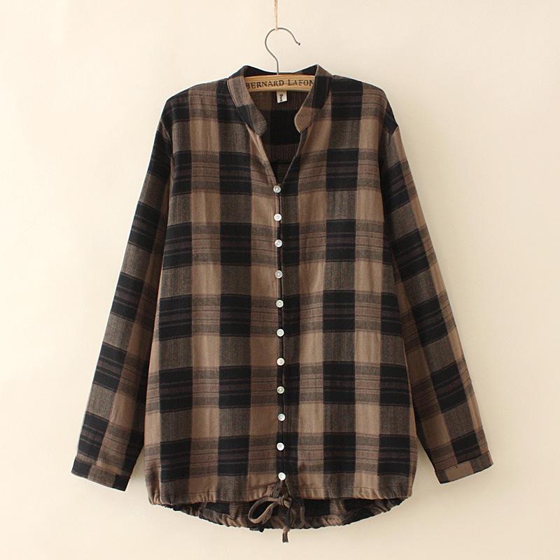 

Plus Size Women's Cotton&Linen Blouse Large Size Long Sleeved Plaid Classic Tops A-line Vintage Blusas, Black