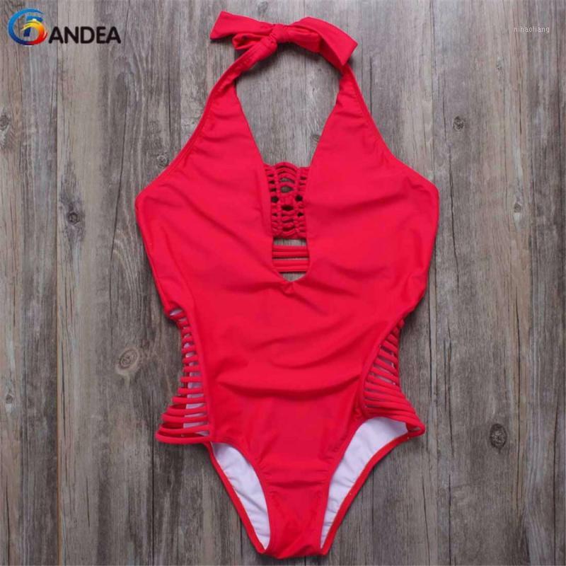 

Wholesale- BANDEA swimwear women one piece swimsuit sexy solid women bathing suit cut out monokini swimsuit beach wear HA5051, Red