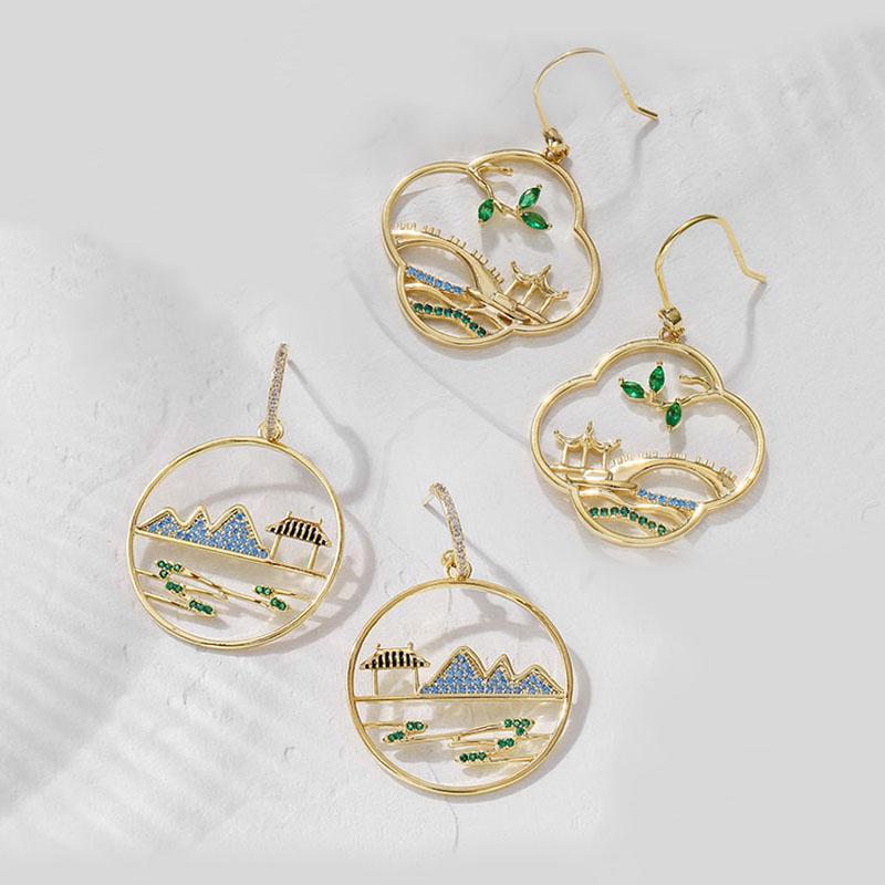 

Chinese Style Jewelry Trendy Retro Charms Plant Bridge Pavilion Earrings For Women Good Quality 2021 New