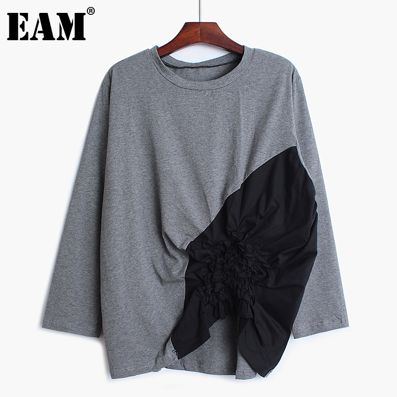 

[EAM] Women Spliced Pleated Loose Fit T-shirt New Round Neck Long Sleeve Fashion Tide All-match Spring Autumn 1B351 201125, Gray