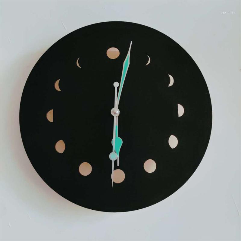 

Wall Clock Moon Phase Scandinavian USB Rechargeable Home Decor Easy Install Wood Luminous Silent Bedroom Simple Living Room1