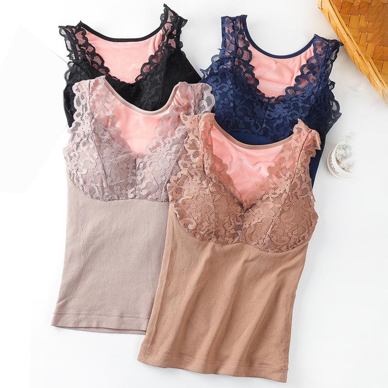 

Lace Patchwork Winter Bottoming Vest Women Warm Underwear Padded Seamless Soft Camisole New Plush Female Lingerie, Black