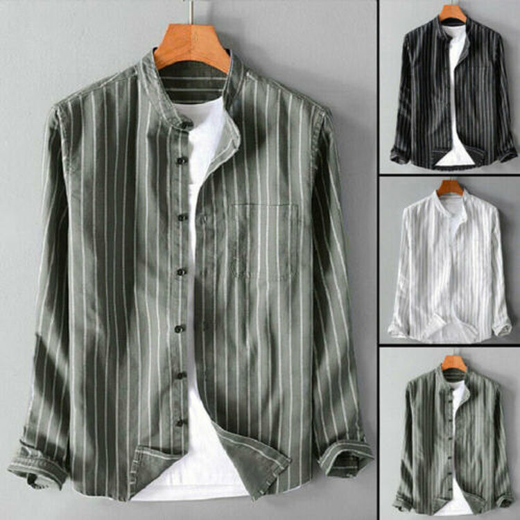 

Fashion Men Stripe Shirt Cotton Linen Stand Collar Long Sleeve Shirts Blouse Slim Fit Casual Shirt Tops Plus Size, White