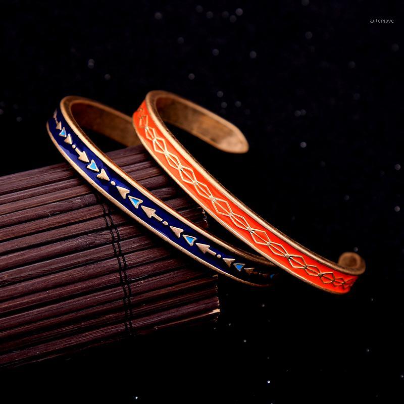 

Orange Blue Geometric Patterned Enamel Bangle Ethnic Style Women Open Set Statement Accessories1