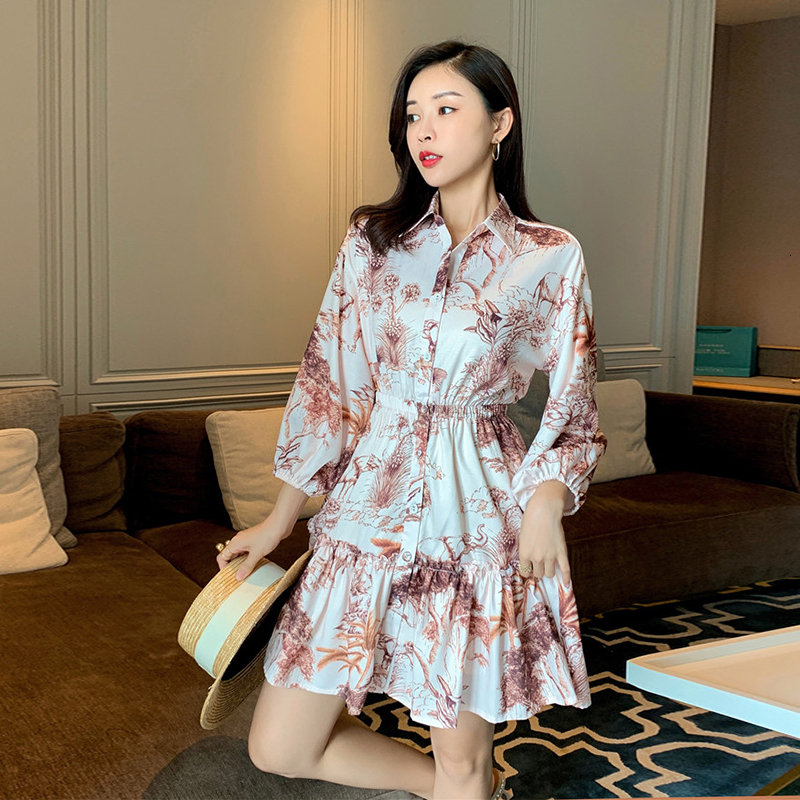 

Vintage Woman Dressed in Lantern Floral Sleeve Printed Elegant Mini Ladies Autumn Frilly Spring Dress C9vb, Design and colour