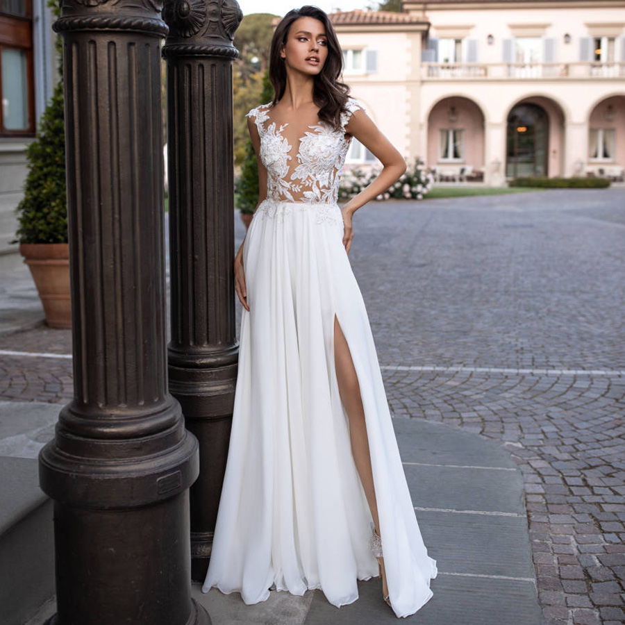 

Sexy Beach Boho Wedding Dress with High Slit Cap Sleeve See-through Applique Chiffon Wedding Gowns Vestido De Noiva, White