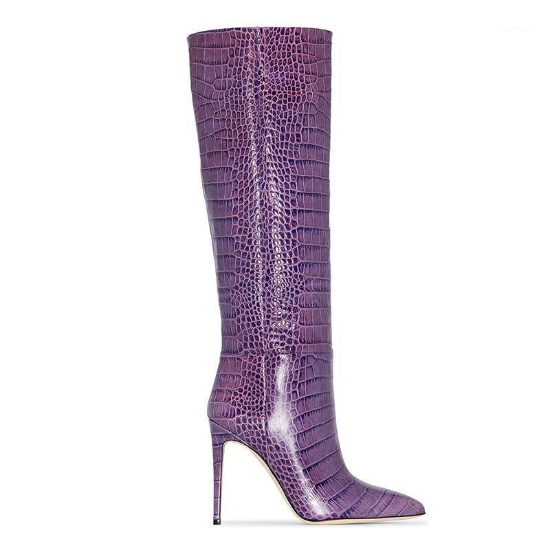 

Winter Knee Women Boots Purple High Heel Slip on Shoes Pointed Toe Woman Long Boots Size 34-461