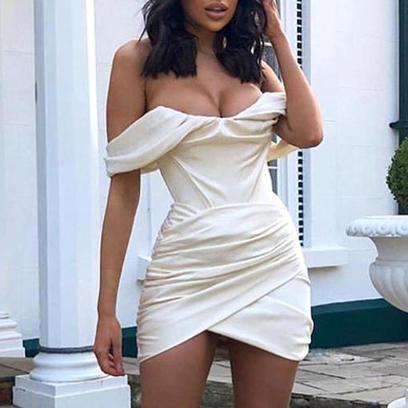 

woman dress Solid Color Women Sexy Off Shoulder Short Sleeve woman dress Pleated Party Bodycon Mini femme robe vestidos, Pink