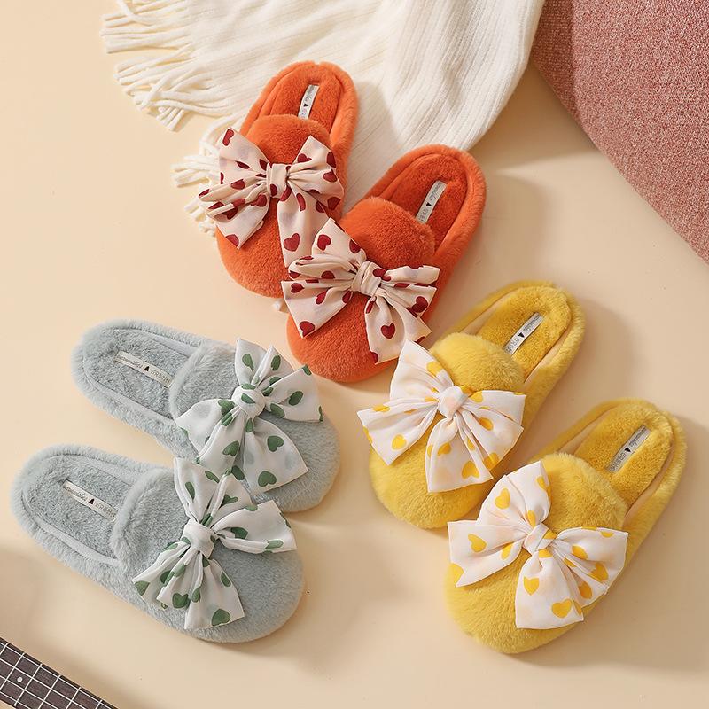 

2020 Winter New Knot-Bow House Women Fur Slippers Warm Plush Bedroom Flat Ladies Dots Shoes Non-slip Chic Ladies Furry Slides, Yellow