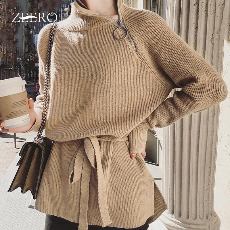 

Autumn Casual Loose Stand-up Collar Zipper Raglan Sleeves Pullover Sweater Tops Fashion Woman Solid Color Belt Straight Dresses, Beige