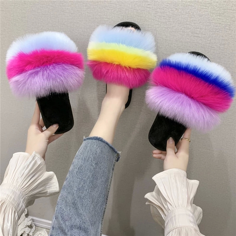

COOTELILI Woman Slippers Women Winter Shoes For Women New Fashion Faux Fur Colorful 2cm Heel Slippers Summer Shoes 36-41 #7X29, Black
