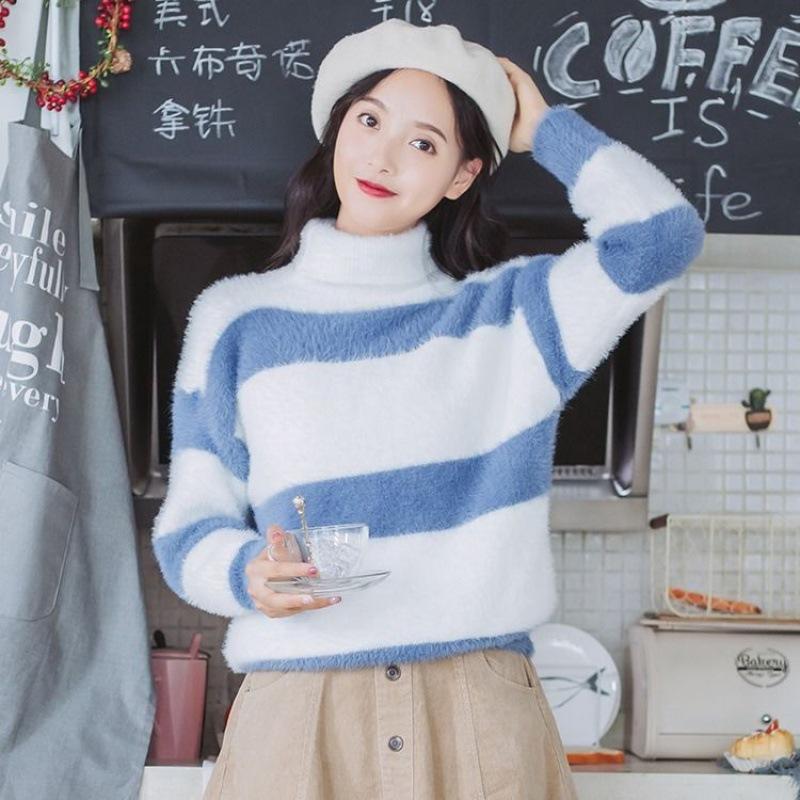 

Sweater Women Han Edition Small Pure And Fresh Stripe Students New Winter Sets High Collar Sleeve Female Loose Knit Sweater, See chart