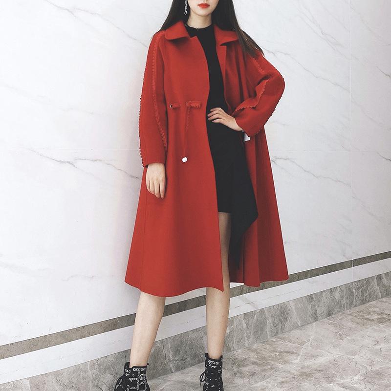 

2021 double coat Europe and the United States to receive the waist cashmere coats long sleeve lace cloth coat qiu dong, Black