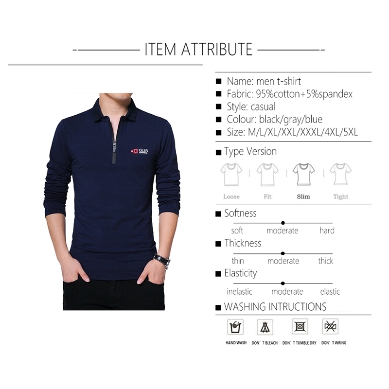 

BROWON Autumn Brand T Shirt Men Long Sleeve Zipper Collar Print Casual Tshirt Cotton Slim Fit T-shirt Plus Size Men Clothing 201203, Navy t-shirt