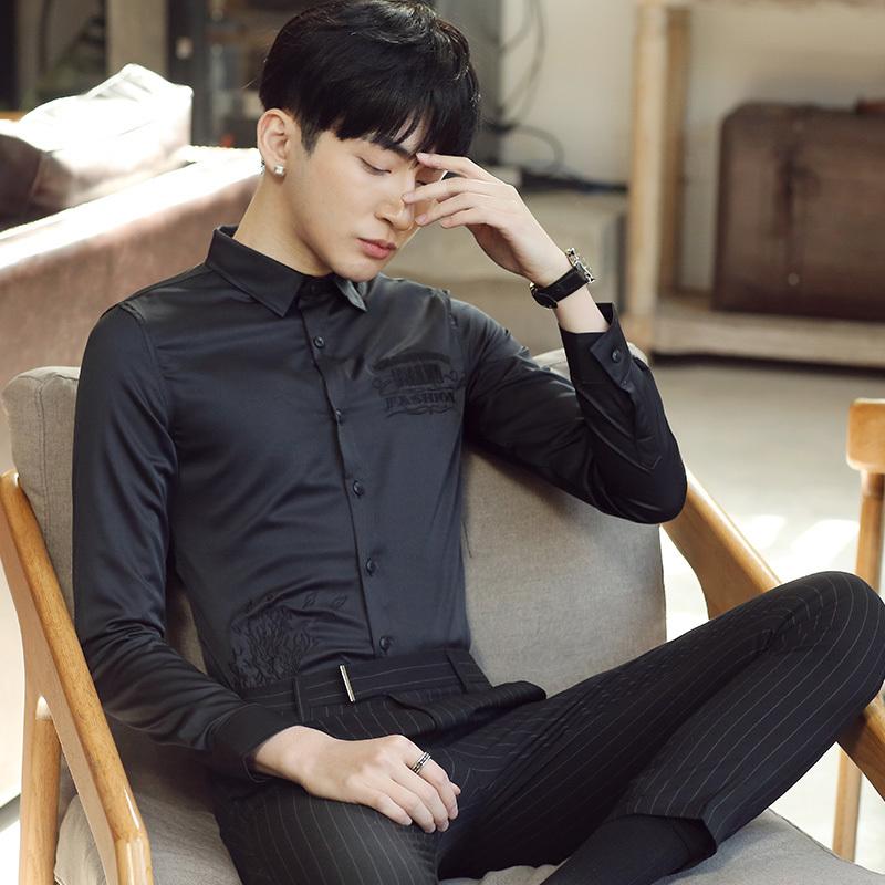 

Net Red Shirt Men Male Long-sleeved Korean Slim Trend Casual Inch Shirt British Style Handsome Embroidered Tide Brand, Black
