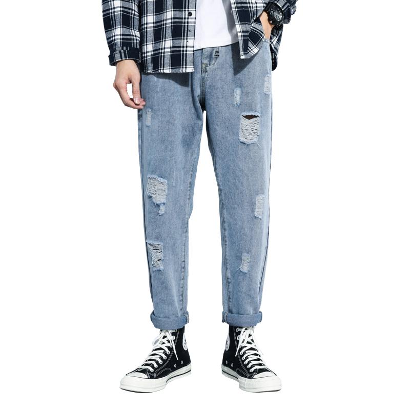 

VORELOCE 2021 spring summer brand clothing Korean fashion trend ripped men's straight casual jeans boys denim cropped trousers, Blue