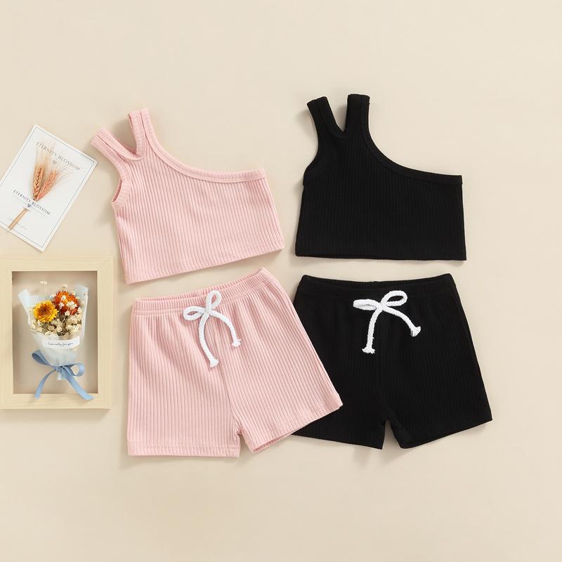 

Clothing Sets 0-4Y Toddler Kids Girls Boys Summer Clothes Solid Ribbed Knitted One Shoulder Crop Tops+Elastic Shorts 2pcs Casual Outfits, White