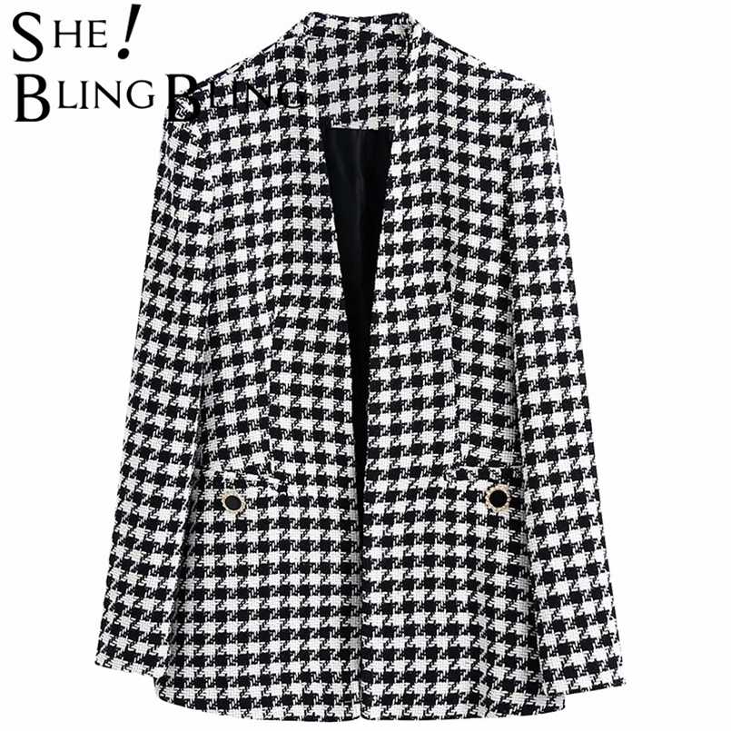 SheBlingBling Za Woman Casual Traf Coats Autumn V Buttons Open Stitch Houndstooth Jacket Female Slim Tweed Woolen Blazers 211221-image-747371307