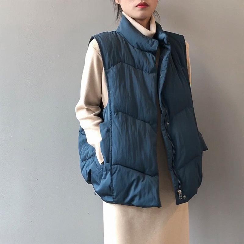 

2021 Winter Women' Solid Colour Loose Vest Drawstring Stand Collar Vest Cotton Padded Windproof Blue Warm Waistcoat