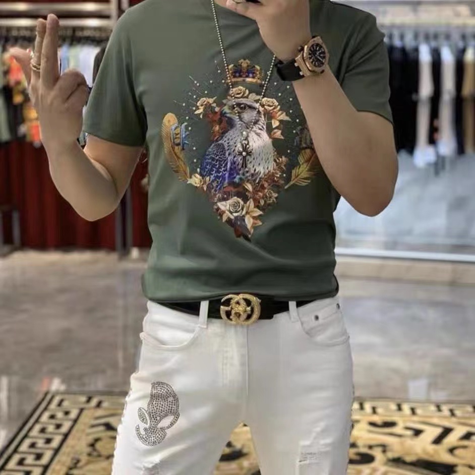 Men's T-Shirts Mercerized Cotton Western Style Summer New Fashion Brand Colorful Laser Luxury Baroque Eagle Rhinestone Tees Male Top Green Blac
