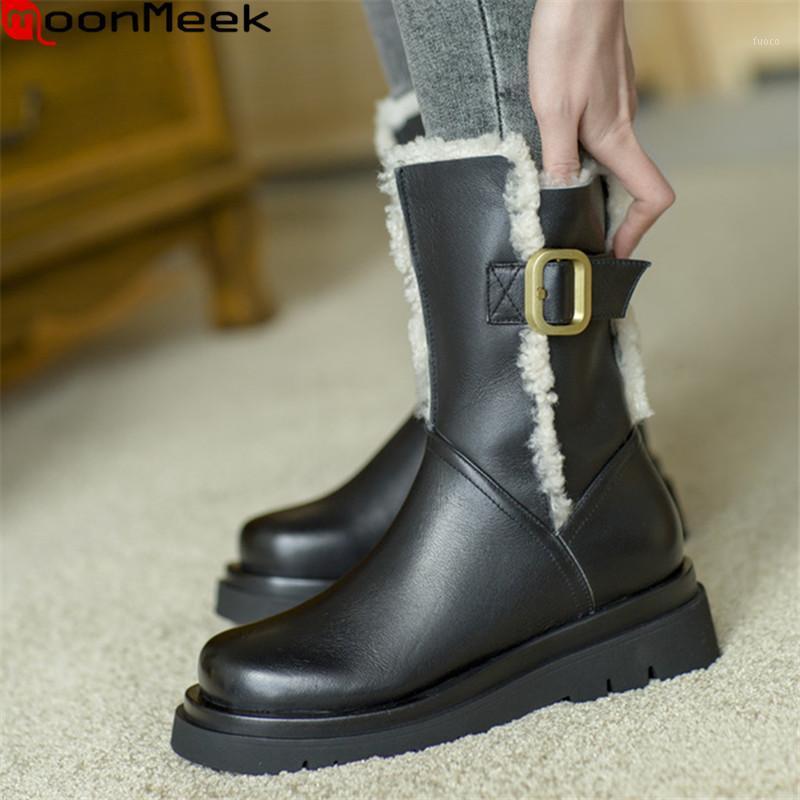 

MoonMeek 2021 Big Size 34-41 Winter Boots Genuine Leather Boots Square Heels Round Toe Buckle Keep Warm Ankle Women1, Black
