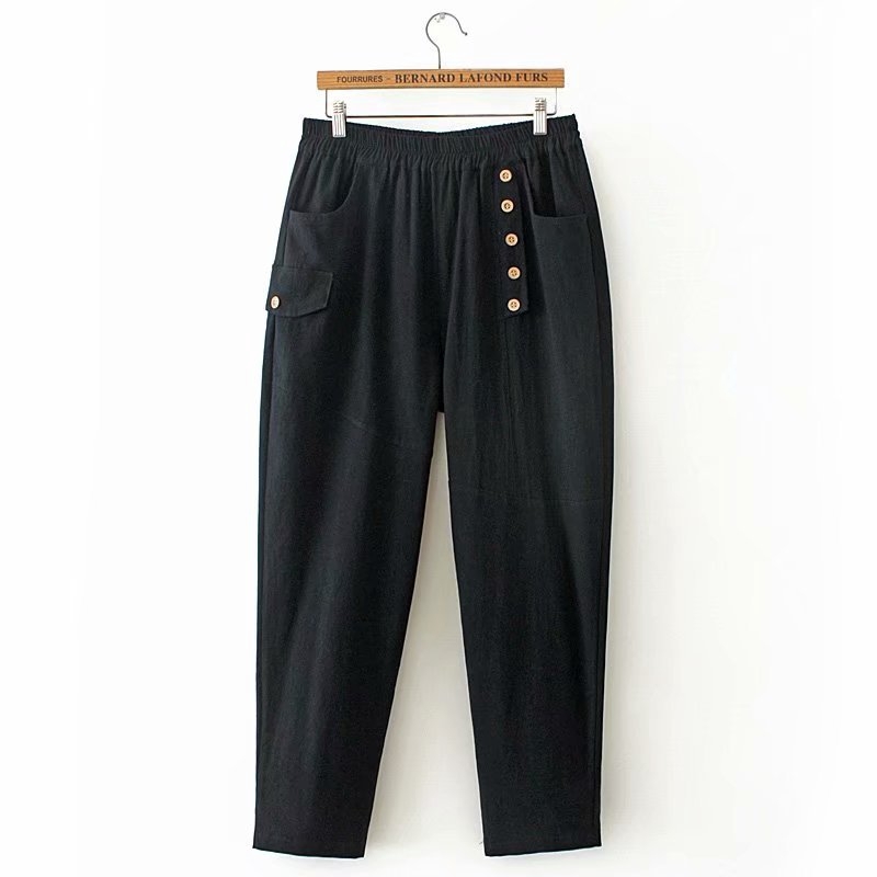 

Size 2xl-4xl Plus Thin Elastic Cut Waistline Women's Waists Cotton Casual Linen Hare Pants with Pockets and Buttons Ei03, Army green.