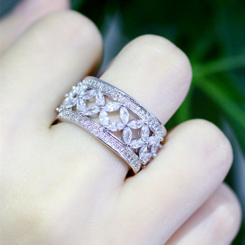 

Vintage AAA CZ Bride Wedding Flower Copper Rings Size 6-9 Luxury Jewelry Designer Full White Cubic Zirconia Silver Engagement Ring Party For Women Friend Gift