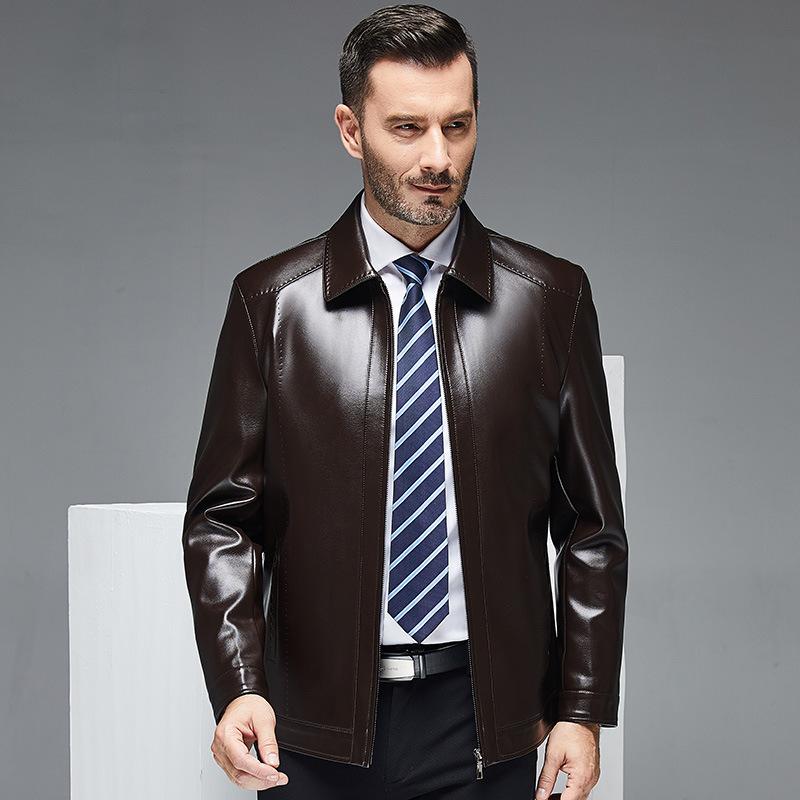 

1965 Spring & Autumn Men's Coat Middle-aged Men's Short Lapel Thin Sheepskin Dad Leather Jacket Clothing, Black