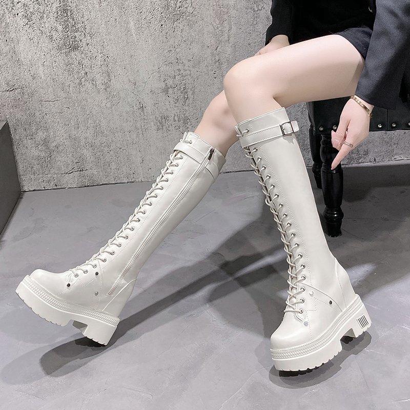 

Boots Chunky Platform Pu Leather Knee High Women Retro Punk Height Increasing Long Woman Zipper Booties Mujer, Beige