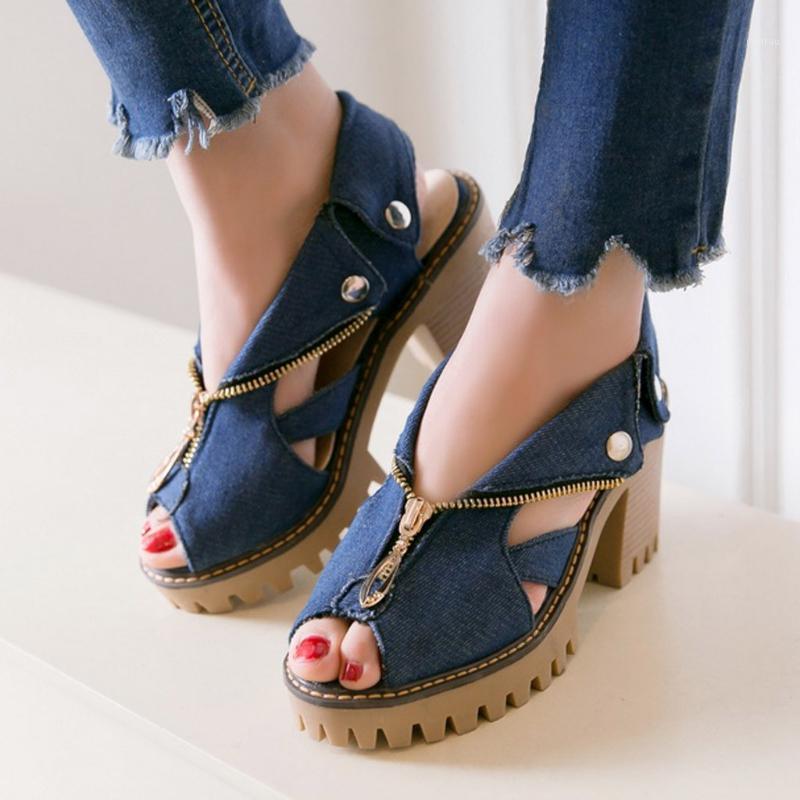 

Plus Size Women's Beach Shoes Cuffed Denim High Heel Sandals Summer Thick Platform Fish Mouth Casual Denim Shoes Ladies Sandal1