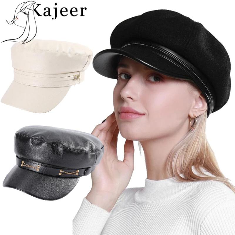 

Fashion Women PU Retro Octagonal Caps Newsboy Hat Winter Autumn Girl Vintage Bonnet Beret Style Solid Color Leather Painter Hat