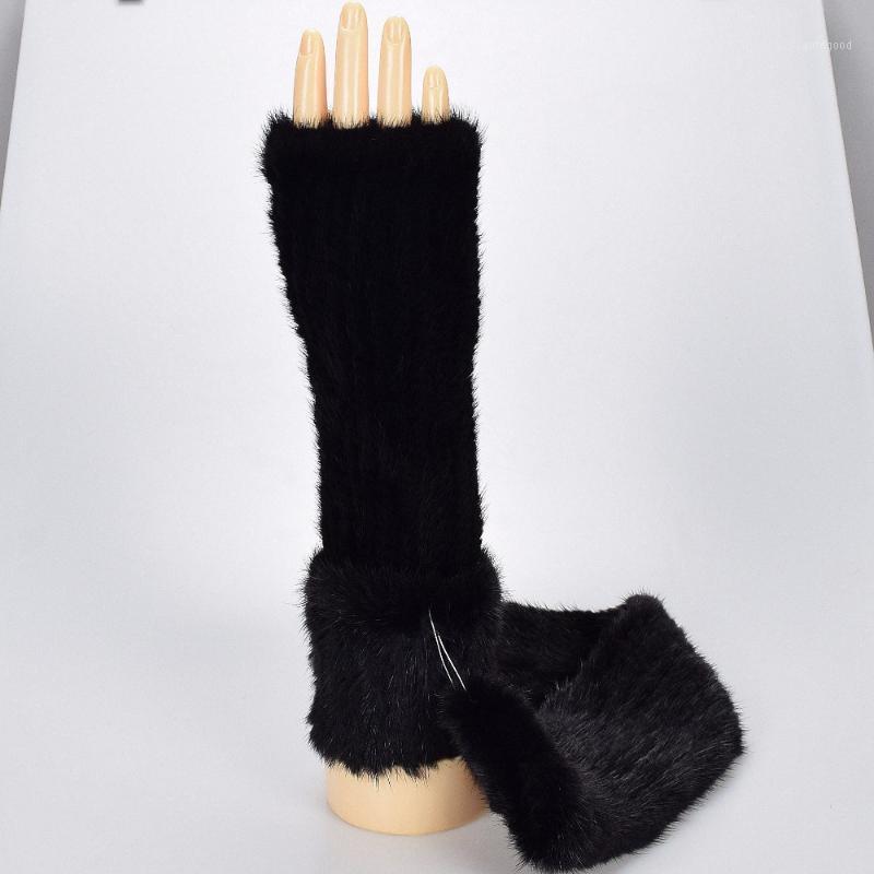 

Fingerless Gloves 40cm Genuine Fur Knitted Mittens 100% Real Women Long 2021 Winter Warm Mittens1