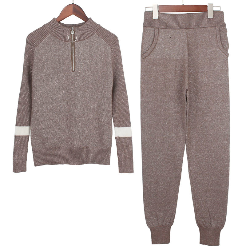 

2021 New Sweater and Set Casual Knitted Sweaters Pants 2pcs Track Suits Zipper Women Trousers+jumpers Top Clothing Sets 68cc, Apricot gg0188