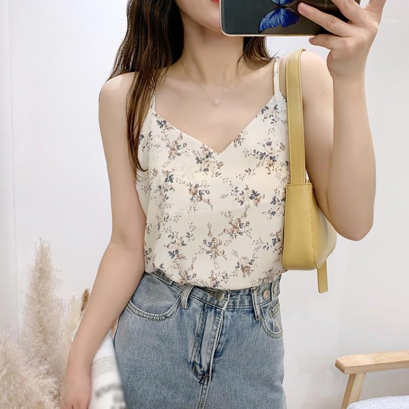 

2020 New Women Sexy Tank Tops Vintage Floral Printed Casual Chiffon Vest Korean Style V-neck Sleeveless Top1, White