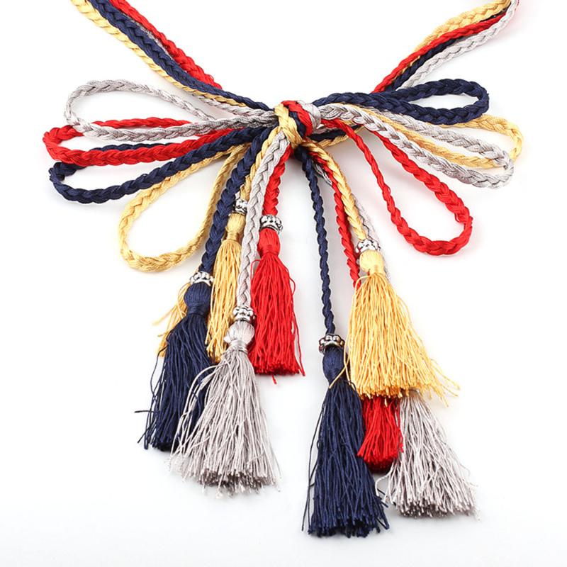 

women Thin Weaving Rope chain belt Female Fashion Tie Waist Belts with tassel pendant Bohemian Dress Wild Small waist band Strap, Black