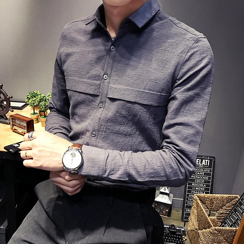

White shirt male Korean version of the trend of autumn 2020 new handsome Slim wild cotton men' shirt long sleeve, Black