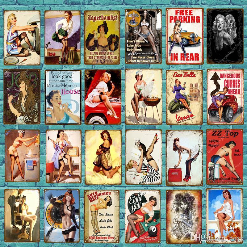 

2021 Vintage Sexy Lady Pin Up Girl Painting Tin signs Metal Plate Art Poster Wall Sticker Bar Coffee House Cafe Home Wall Decor