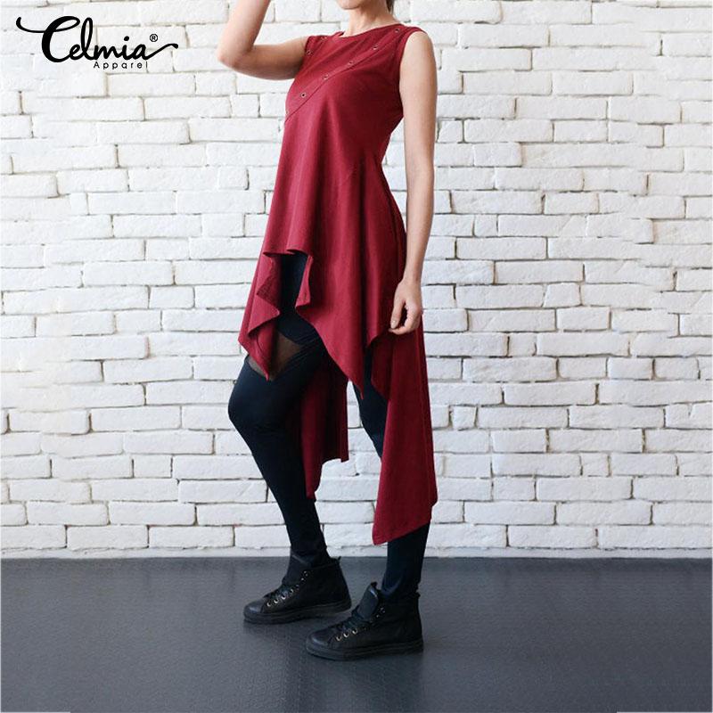 

CelmiaWomen Tops and Blouses 2020 Summer Sexy Sleeveless Shirts Vintage Asymmetrical Hollow Out Casual Loose Ruffles Blusas 5XL, Wine red