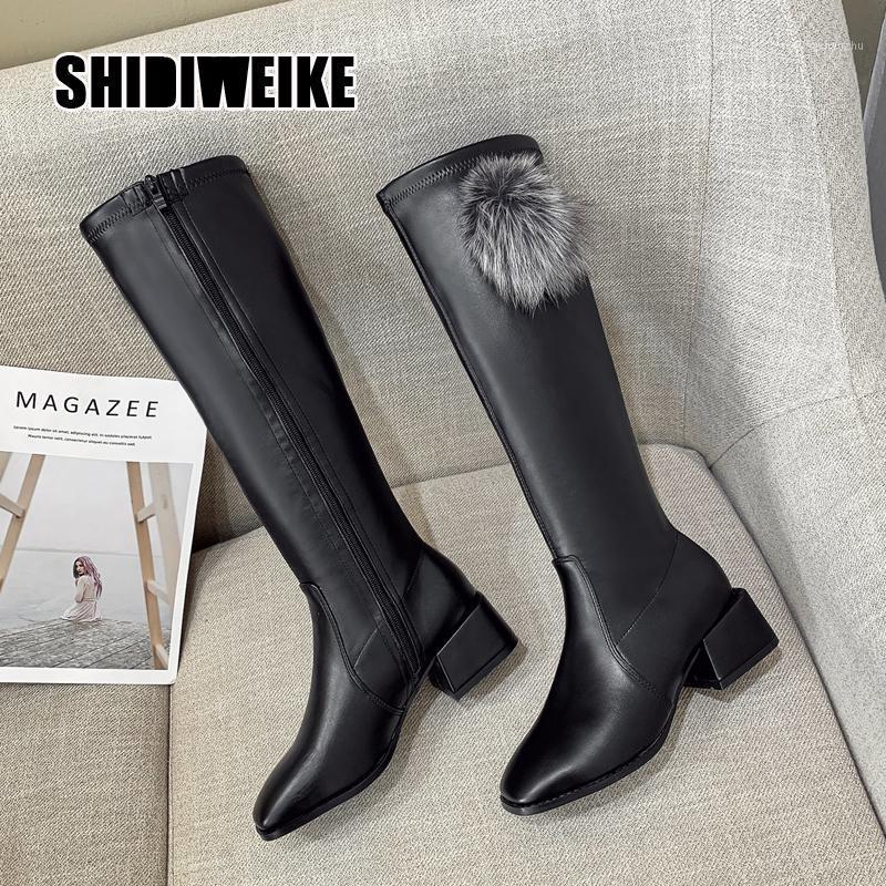 

Fashion Slim Long Shoes Woman Side zipper Square Toe Thick Heels Knee High Boots 2020 Winter Newest Party Basic Boots va0631, Black
