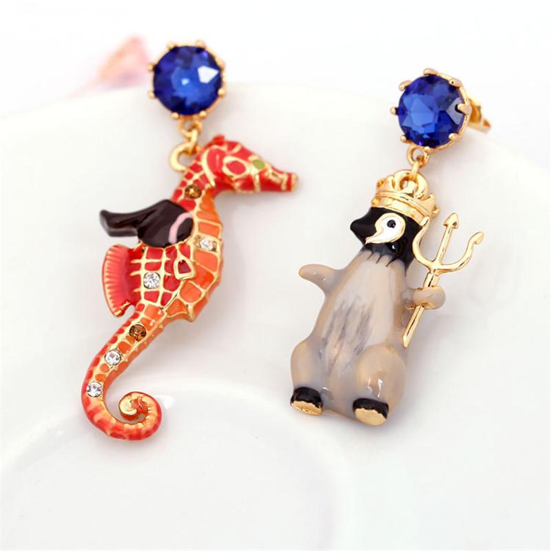 

Penguin Sea-horse Asymmetry Earrings For Women The New Triton Series Jewelry Gold-Plated Enamel Aniaml Pendant Earring