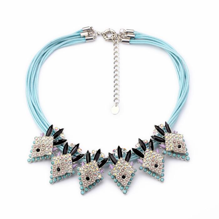 

Bulk Price Bohemian Multi Layers Blue Rope Chain Colorful Crystal Geometric Pendant Statement Necklace For Women Christmas Gift