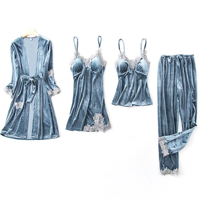 

Women Robe & Gown Set Warm Home Wear Sexy Lace Sleepwear 4 Pieces Gold Velvet Thickening Loungewear Long Sleeve Nightwear, Navy