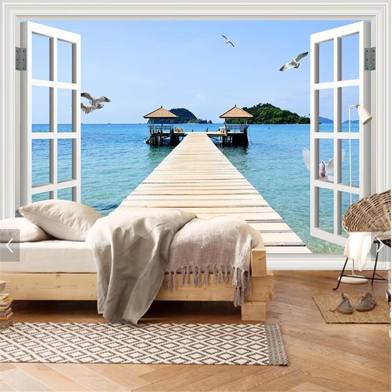 

Custom Wall Mural Wallpaper 3d French window sea view photo Wallpaper Living Room Bedroom TV Background Wall papers Home Decor, Embossment paper