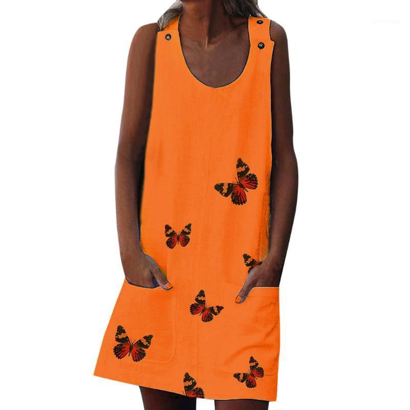 

Women Boho Beach Dress Summer Prints Button Pockets Sleeveless Dress Beach Maxi Seaside Pool Loose Comfortable Dress#Y21