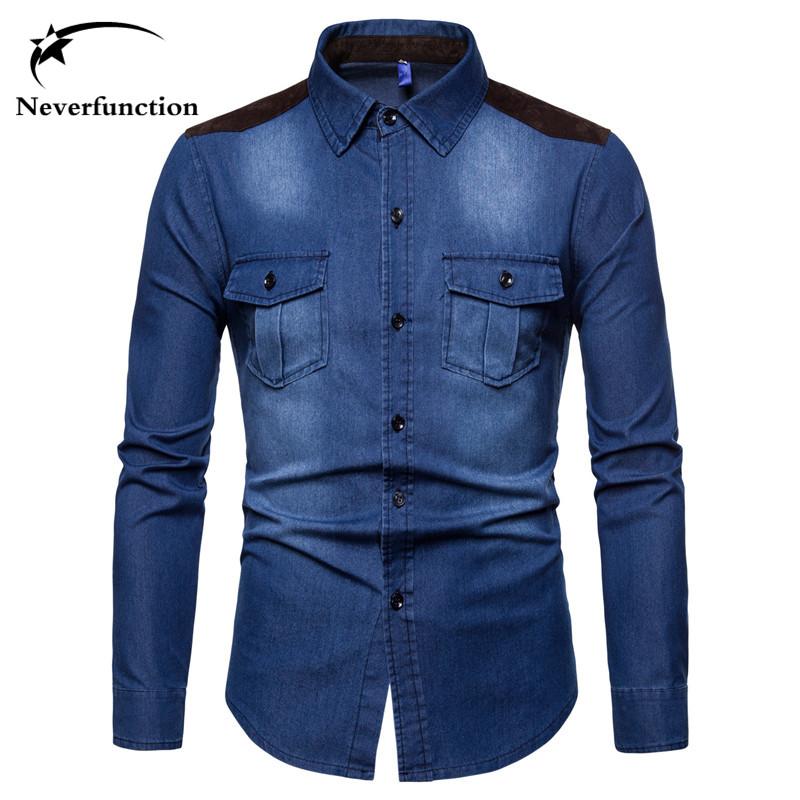 

Men's Slim fit denim shirts Fashion Autumn Long-sleeved Casual wash blue Cargo jeans shirts High quality Cotton Homme Chemise, C9901 black