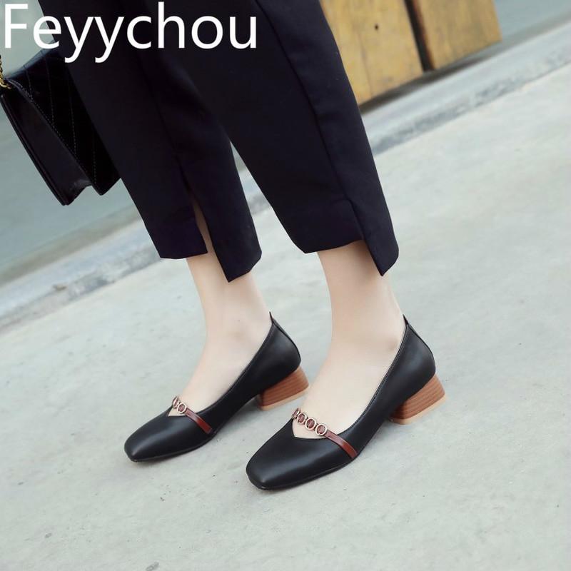 

Women Pumps Med Heel Square Toe Slip on 2020 New Sexy Fashion Casual Party Wedding Office Beige Black Yellow Big Size 34-46